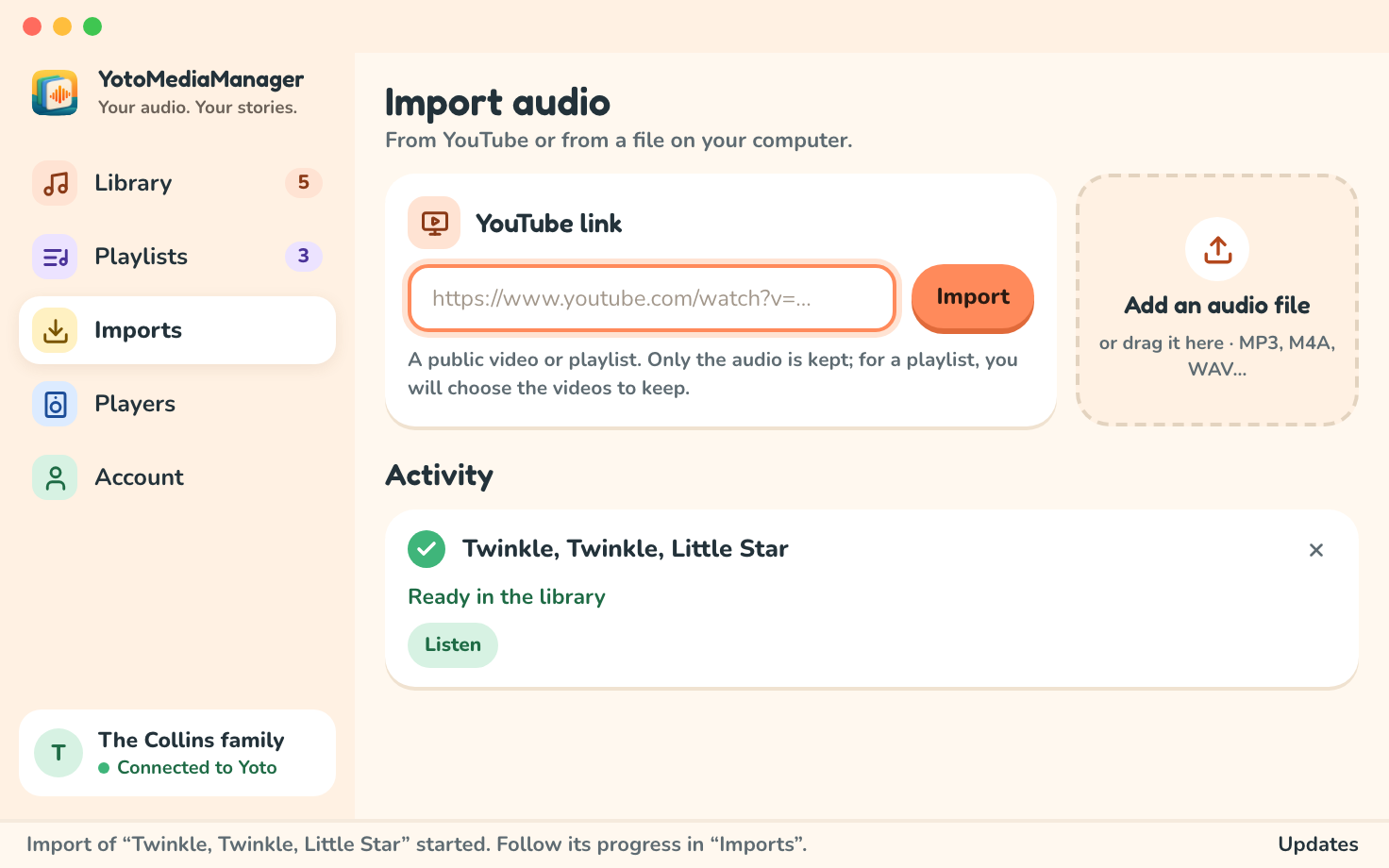 Import audio: the YouTube link field, cleared once the import has started, and under Activity the finished task, ready in the library, with Listen