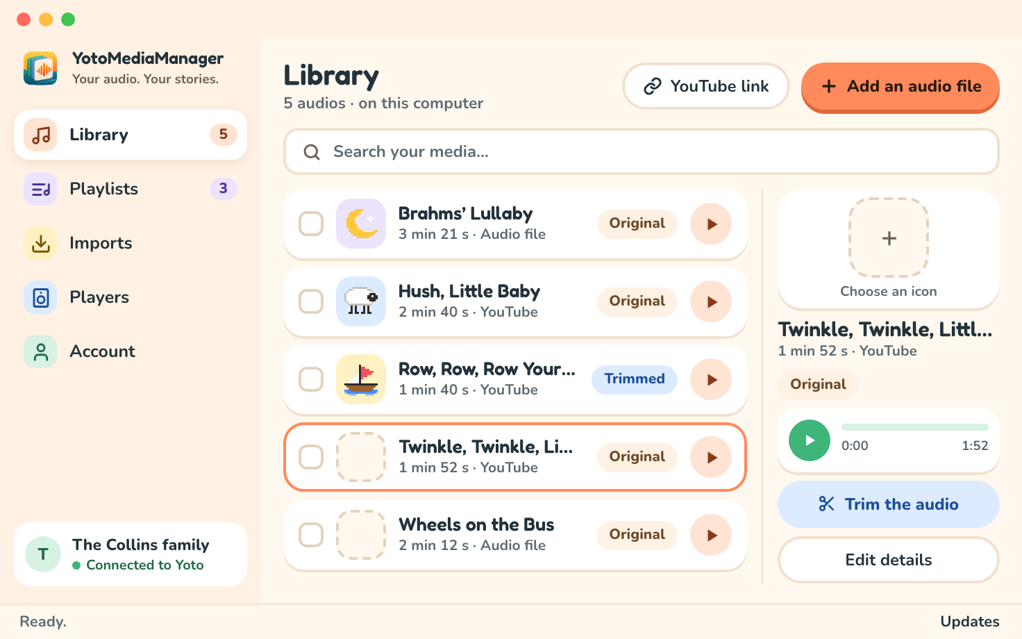 The library: each media shows its icon or an empty slot, its version, Original or Trimmed, and a play button; the open song shows its player and Trim the audio in the side panel