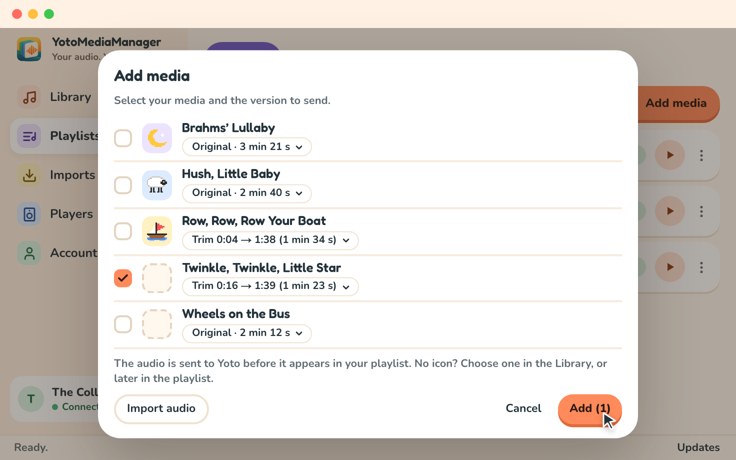 The Add media dialog: each media of the library with its icon or an empty slot, the version to send, and Add (1) for the ticked song