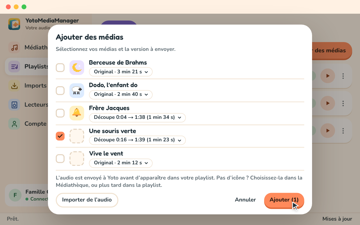 Le dialogue Ajouter des médias : chaque média de la médiathèque avec son icône ou un emplacement vide, la version à envoyer, et Ajouter (1) pour la chanson cochée