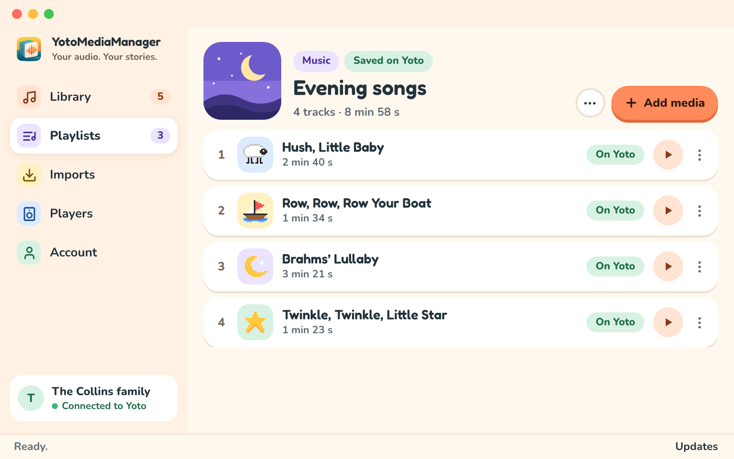 A playlist in the editor, saved on Yoto, with four tracks and their icons