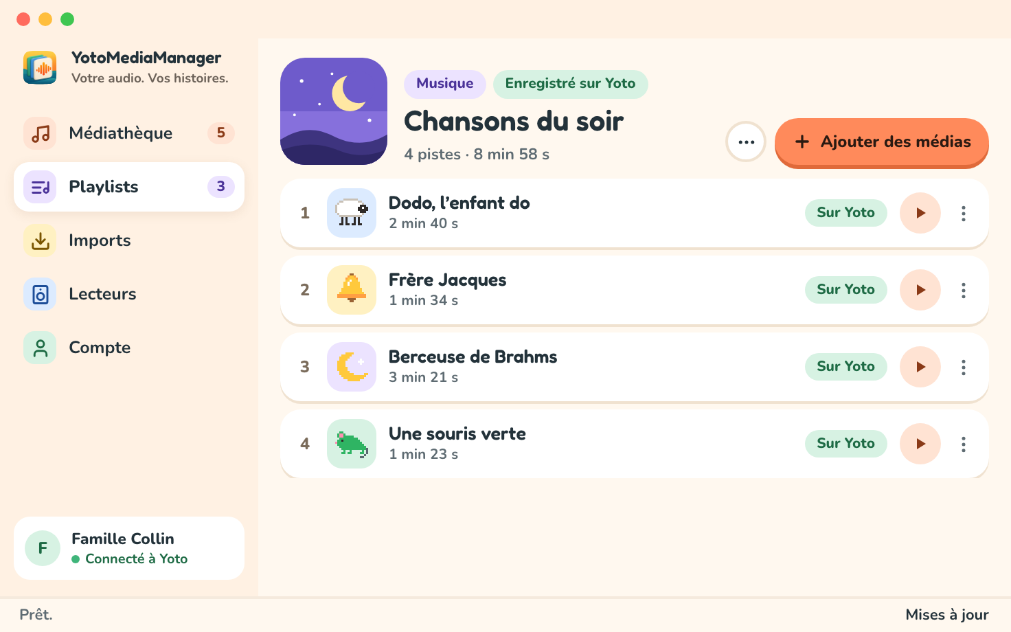 L’éditeur de playlist : la couverture, l’étiquette Enregistré sur Yoto à côté du titre, et chaque piste avec son icône et son état Sur Yoto