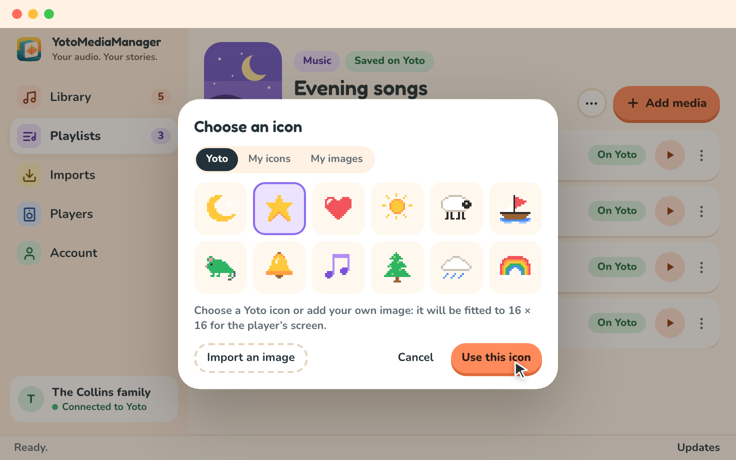 Choose an icon open over a newly added track: the Yoto, My icons and My images tabs, the Yoto icons, Import an image and Use this icon