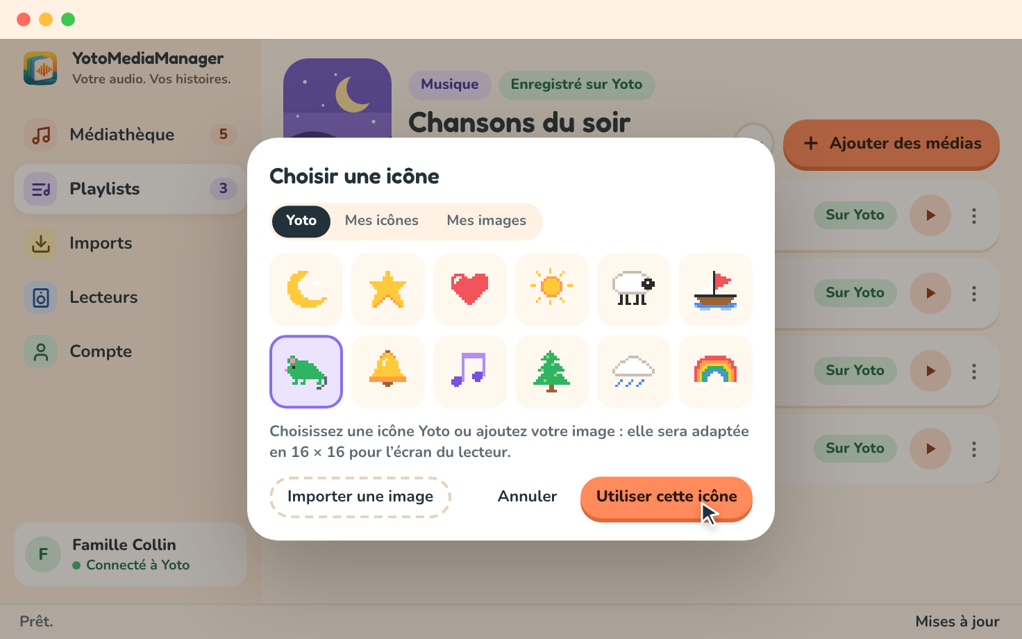 Choisir une icône ouvert sur une piste qui vient d’être ajoutée : les onglets Yoto, Mes icônes et Mes images, les icônes Yoto, Importer une image et Utiliser cette icône