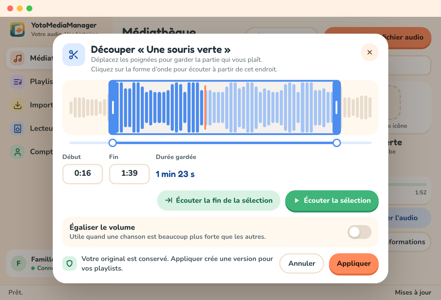 Le dialogue de découpe : les deux poignées autour de la partie gardée, la tête de lecture, le début, la fin et la durée gardée, Écouter la fin de la sélection, Écouter la sélection et Appliquer